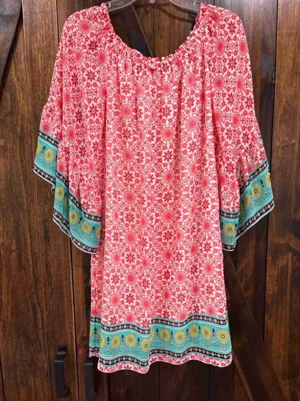 Women's Pink Patterned Off-Shoulder Tunic with Teal Border